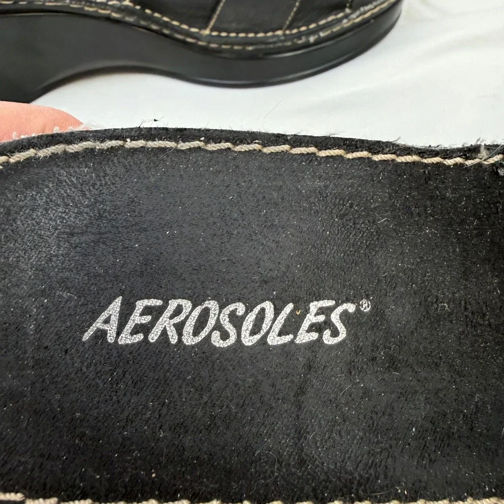 Vintage Y2K Aerosoles Black Leather Wedge Slide Sandals Buckle Detail Womens 6.5